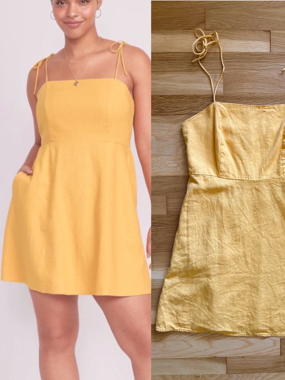 Yellow Tie Strap Linen Blend Mini Dress - Lightweight Summer Yellow - Large